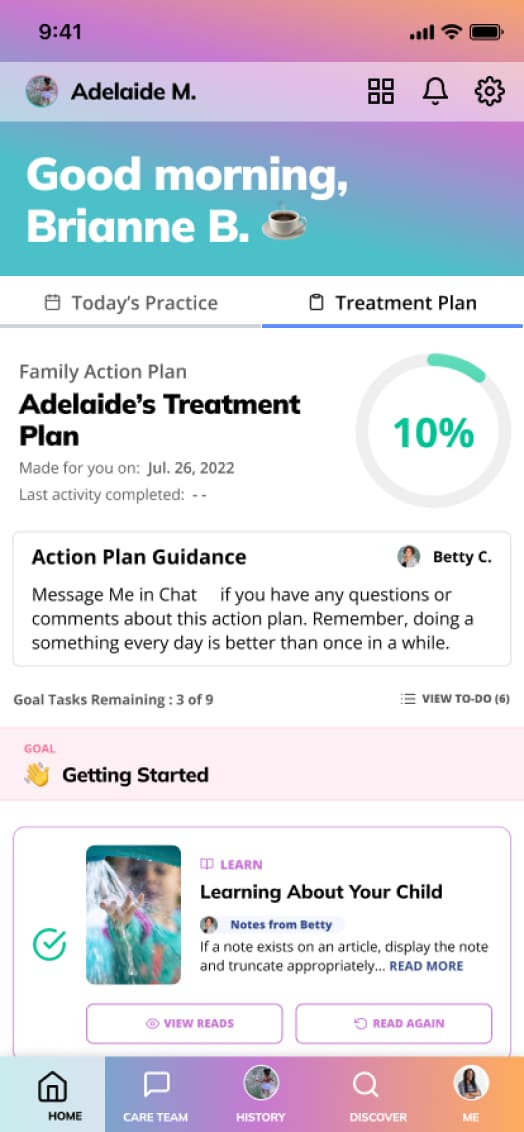 Screenshot of Kinspire screen about home treatment plan getting started