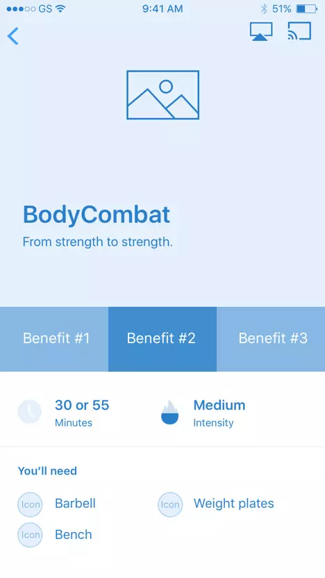 Mid-fidelity wireframe of Les Mills mobile app, designed and developed by AgilityIO in view two