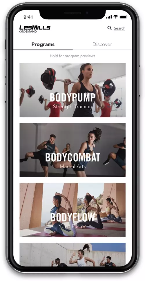 Screenshot of Les Mills mobile app user dashboard