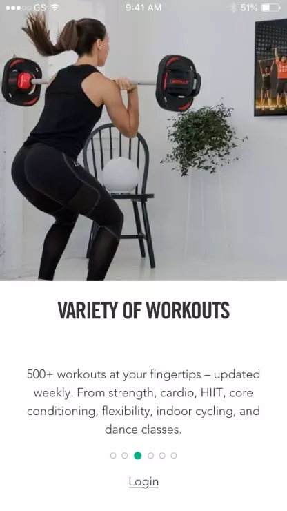 Screenshot of Les Mills mobile app user dashboard in view one