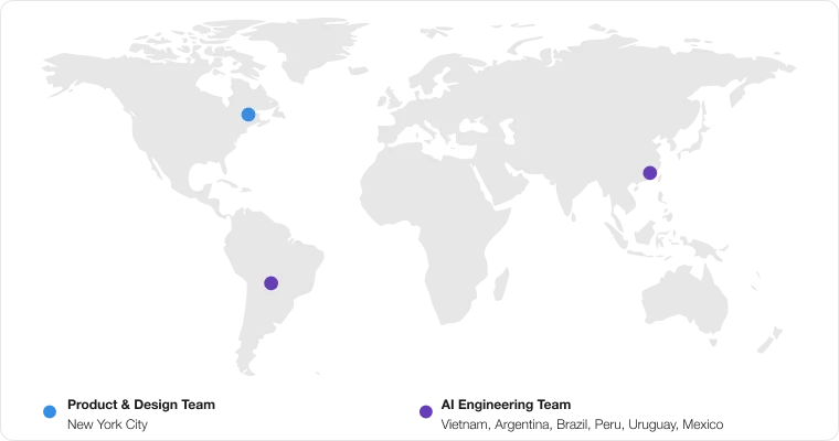 AgilityIO global engineering presence map: Product & Design Team in New York City, AI Engineering Team across Vietnam, Argentina, Brazil, Peru, Uruguay, and Mexico